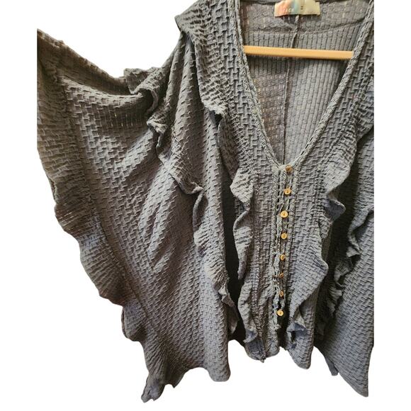 Free People Beach Size M/L Flora Tunic Ruffle button front V-neck Blue NWT - Picture 6 of 7